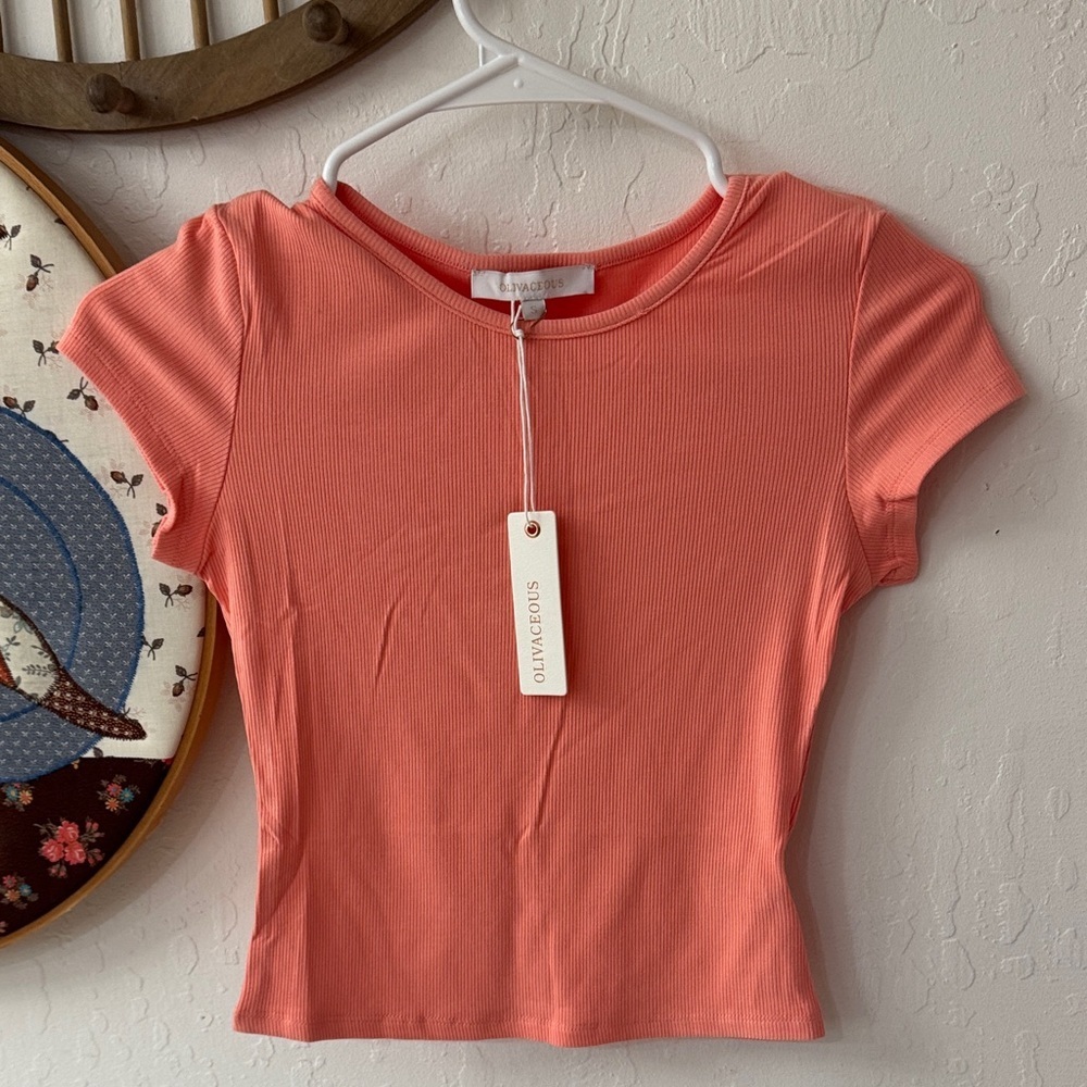 Olivaceous Pink Baby Crop Ribbed T Shirt Stretchy Small NWT